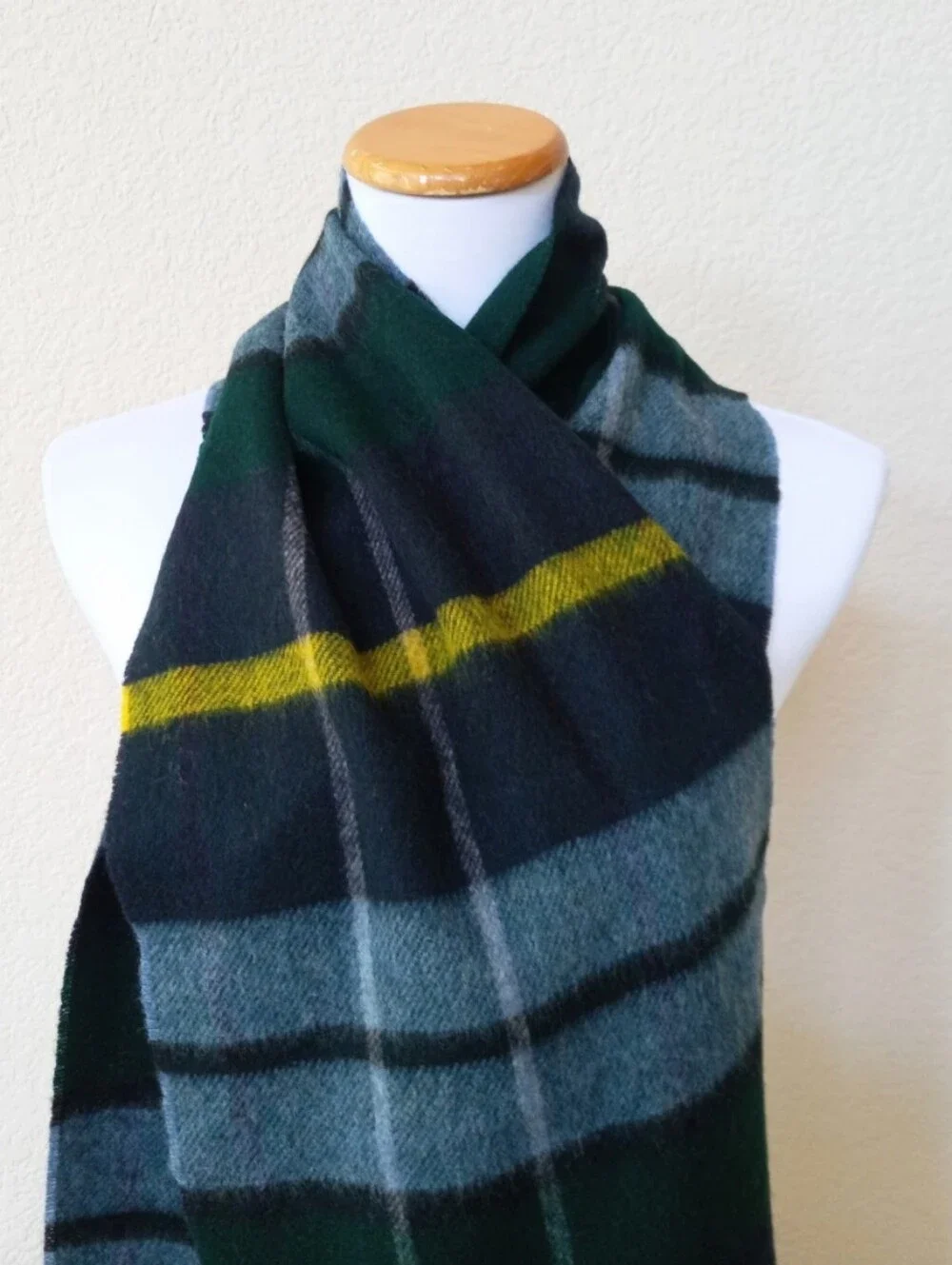 MOON for J. Crew wool plaid scarf in deep green and navy with yellow stripe high